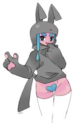 Rule 34 | 1girl, animal ears, animal hands, blue eyes, blue hair, bottomless, highres, hood, hoodie, maebari, original, pinkgermy, simple background, solo, tail, thick eyebrows, thighhighs, white background