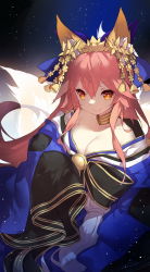 Rule 34 | 10s, 1girl, animal ears, bare shoulders, bell, blue bow, bow, breasts, cleavage, closed mouth, eyelashes, fang, fang out, fate/extra, fate/grand order, fate (series), fox ears, fox tail, hair bell, hair between eyes, hair bow, hair ornament, hair ribbon, jewelry, light particles, long hair, looking at viewer, medium breasts, necklace, obi, off shoulder, official alternate costume, pink hair, ribbon, saru, sash, shade, smile, solo, tail, tamamo no mae (fate/extra), tamamo no mae (third ascension) (fate), tassel, very long hair, yellow eyes