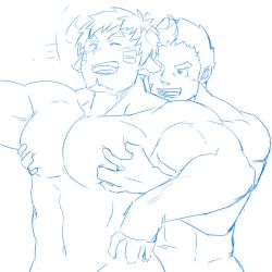 Rule 34 | ..., 2boys, abs, animal ears, bara, behind another, blush, brown eyes, completely nude, couple, cow boy, cow ears, cow horns, facial hair, facial scar, forked eyebrows, glowing horns, goatee, grabbing, tamamura gunzo, horns, katoributa a, large pectorals, laughing, long sideburns, male focus, multiple boys, muscular, muscular male, navel, nipples, nude, pectoral grab, pectorals, scar, scar on cheek, scar on face, short hair, sideburns, sketch, sportswear, stomach, stubble, thick eyebrows, tight clothes, tokyo houkago summoners, wakan tanka, yaoi