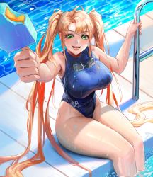 Rule 34 | 1girl, blush, breasts, competition swimsuit, food, goggles, goggles around neck, green eyes, highres, incoming food, large breasts, last origin, long hair, nereid (last origin), one-piece swimsuit, open mouth, orange hair, pool, poolside, popsicle, smile, solo, swimsuit, thighhighs, twintails, very long hair, wet, wet hair, wonchun