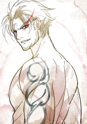 Rule 34 | 1boy, arm tattoo, beowulf (fate), ecat, facial hair, fate/grand order, fate (series), goatee, looking at viewer, male focus, monochrome, parted bangs, red eyes, scar, smile, solo, spot color, tattoo, topless male, upper body