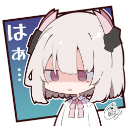 Rule 34 | 1girl, beni shake, bow, brown eyes, chibi, collared shirt, commentary request, grey hair, hair between eyes, headgear, liv (punishing: gray raven), parted lips, pink bow, punishing: gray raven, rectangular mouth, shaded face, shirt, signature, solo, translation request, upper body, white background, white shirt