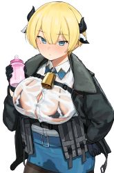 Rule 34 | 1girl, absurdres, animal ears, animal print, areola slip, baby bottle, bell, black gloves, black jacket, black pantyhose, blonde hair, blue eyes, blue skirt, blush, bottle, breasts, button gap, cleavage, closed mouth, cow ears, cow horns, cow print, cowbell, girls&#039; frontline, gloves, hand on own hip, highres, holding, horns, jacket, kuro (zhurunbo1997), large breasts, long sleeves, mole, mole under eye, pantyhose, pencil skirt, pouch, see-through, shirt, short hair, simple background, skirt, solo, vsk-94 (girls&#039; frontline), wet, wet clothes, white background, white shirt