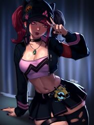 Rule 34 | 1girl, absurdres, belt, black belt, black headwear, black jacket, black skirt, breasts, cleavage, cowboy shot, crop top, cropped jacket, gem, goblewd, green gemstone, grizzbolt, highres, jacket, large breasts, lips, long sleeves, looking at viewer, microskirt, midriff, nose, palworld, parted lips, pink eyes, pink hair, pink shirt, pleated skirt, shirt, skirt, solo, thigh strap, twintails, unzipped, zoe rayne