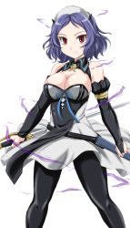 Rule 34 | 10s, 1girl, aura, bare shoulders, black dress, black pantyhose, breasts, chess belle, cleavage, cleavage cutout, clothing cutout, detached sleeves, dress, fang, fang out, female focus, hat, highres, holding, holding weapon, lightning, looking at viewer, owari no seraph, pantyhose, purple hair, red eyes, sheath, short hair, solo, standing, sword, wan&#039;yan aguda, weapon, white background