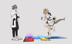 Rule 34 | 1boy, 1girl, ahoge, alchemy stars, balancing, black gloves, black pants, black socks, blonde hair, boots, brown hair, capelet, crossed arms, crystal, fingerless gloves, full body, gameplay mechanics, gloves, glowing, hair ornament, hairband, hairclip, highres, hopscotch, jacket, looking at another, looking down, military jacket, navigator (alchemy stars), notice lines, pants, simple background, single shoulder pad, socks, standing, standing on one leg, tail, vice (alchemy stars), white capelet, white footwear, white jacket, xo wawawa
