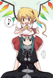 Rule 34 | ..., 2girls, :d, blonde hair, borrowed clothes, capelet, cosplay, crossover, empty eyes, expressionless, flandre scarlet, green eyes, green hair, haniwa, haniwa (leaf garden), hat, headwear switch, len (cosplay), len (tsukihime), mob cap, multiple girls, musical note, open mouth, orange eyes, pom pom (clothes), quaver, side ponytail, sitting, smile, spoken ellipsis, spoken musical note, spread legs, standing, touhou, tsukihime, unworn hat, unworn headwear, white background, white hat, wings