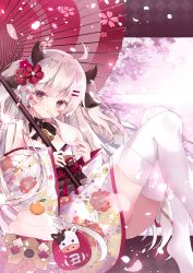 Rule 34 | 1girl, absurdres, ahoge, animal ears, aoi yugina, bell, black bow, bow, bowtie, cherry blossoms, commentary, cow ears, cow horns, eating, floral print, food, fruit, hair ornament, hairclip, highres, holding, holding food, holding umbrella, horns, japanese clothes, kimono, leaning back, long hair, looking at viewer, mandarin orange, mochi, neck bell, obi, off shoulder, oil-paper umbrella, original, petals, pink eyes, pink kimono, print kimono, sash, short kimono, silver hair, sitting, solo, textless version, thighhighs, two side up, umbrella, white thighhighs, wind
