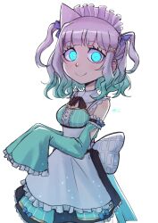 Rule 34 | 1girl, absurdres, apron, aqua eyes, corviwing, detached sleeves, dress, frilled dress, frills, ghost hair ornament, glowing, glowing eyes, gradient hair, green hair, hair ribbon, highres, indie virtual youtuber, maid, maid apron, maid headdress, mint fantome, multicolored hair, pink hair, ribbon, simple background, sleeves past fingers, sleeves past wrists, twintails