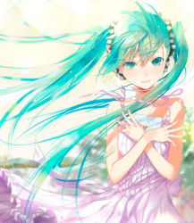 Rule 34 | 1girl, bare shoulders, crossed arms, dress, floating hair, flower, frilled dress, frills, fuyuno haruaki, green eyes, green hair, hair flower, hair ornament, hatsune miku, holding, letter, long hair, looking at viewer, love letter, matching hair/eyes, open mouth, ribbon, smile, solo, sundress, twintails, vocaloid