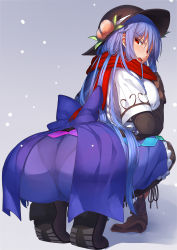 Rule 34 | &gt;:o, 1girl, :o, aged up, ass, black footwear, black hat, black pantyhose, blue hair, blue skirt, breasts, brown gloves, food, fruit, full body, gloves, hat, hinanawi tenshi, huge ass, large breasts, leaf, long hair, looking at viewer, looking back, neropaso, open mouth, pantyhose, peach, rainbow order, red eyes, red scarf, scarf, see-through, shoes, skirt, solo, squatting, touhou, undershirt, v-shaped eyebrows