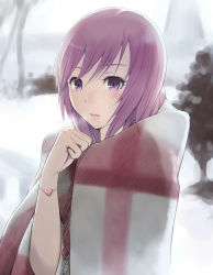 Rule 34 | 1girl, aoten, blanket, blurry, blush, bracelet, breath, cold, depth of field, from side, hand up, heart, jewelry, long hair, looking at viewer, open mouth, purple eyes, purple hair, solo