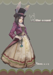 Rule 34 | 1girl, absurdres, alice: madness returns, alice (alice in wonderland), alice liddell (american mcgee&#039;s alice), american mcgee&#039;s alice, animal ears, black hair, breasts, closed mouth, commentary, dated, dress, green eyes, hat, highres, jupiter symbol, long hair, looking at viewer, pocket watch, rabbit ears, simple background, solo, watch, xseven