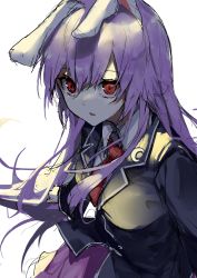 Rule 34 | 1girl, black jacket, breasts, collared shirt, hair between eyes, highres, jacket, long hair, long sleeves, looking at viewer, medium breasts, necktie, pink skirt, pocche-ex, purple hair, red eyes, red necktie, reisen udongein inaba, shirt, simple background, skirt, solo, touhou, upper body, very long hair, white background, white shirt