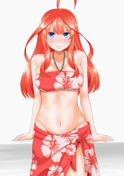 Rule 34 | 1girl, ahoge, bandeau, bikini, blue eyes, blush, breasts, closed mouth, commentary request, embarrassed, floral print, frown, go-toubun no hanayome, groin, hair ornament, halterneck, highres, hofumaso, huge ahoge, large breasts, light frown, long hair, looking at viewer, nakano itsuki, navel, print bikini, red bikini, red hair, red sarong, sarong, scowl, simple background, solo, star (symbol), star hair ornament, swimsuit