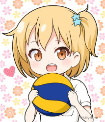 Rule 34 | :o, ball, blonde hair, brown eyes, collared shirt, commentary request, floral background, haikyuu!!, hair ornament, heart, holding, holding ball, looking at viewer, mitya, one side up, open mouth, outline, puffy short sleeves, puffy sleeves, shirt, short sleeves, simple background, star (symbol), star hair ornament, teeth, twitter username, upper body, upper teeth only, white background, white outline, white shirt, yachi hitoka