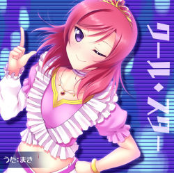 Rule 34 | 10s, 1girl, ;), asymmetrical sleeves, bracelet, choker, collarbone, gradient background, hand on own hip, jewelry, looking at viewer, love live!, love live! school idol festival, love live! school idol project, midriff, mismatched sleeves, navel, necklace, nishikino maki, one eye closed, ool, pointing, pointing up, pretty series, pripara, purple eyes, red hair, short hair, smile, solo, striped, striped background, tiara, upper body, wink, yu-ta