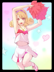 Rule 34 | 1girl, :d, bare arms, bare shoulders, breasts, cheerleader, cleavage, collarbone, curly hair, hairband, heart, highres, hinata yume, holding, holding pom poms, leg up, looking at viewer, mak neutral, medium hair, mewkledreamy, miniskirt, multicolored background, open mouth, pink eyes, pink pupils, pom pom (cheerleading), pom poms, purple hairband, skirt, smile, solo, star (symbol), swept bangs, tank top, teeth