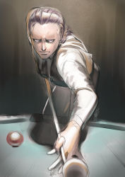 Rule 34 | 1boy, apron, artist name, ball, bangs pinned back, billiard ball, billiards, bishop (daemon x machina), black vest, brown background, closed mouth, cowboy shot, cue stick, daemon x machina, dated, forehead, furrowed brow, gradient background, grey hair, highres, holding, holding cue stick, leaning forward, long sleeves, looking at viewer, male focus, old, old man, pink eyes, playing games, pool table, shirt, short hair, signature, simple background, sketch, solo, standing, table, tsunetaka rakurai, vest, waist apron, white apron, white shirt