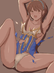 Rule 34 | 1girl, :d, armpits, bare arms, bare legs, blush, breasts, brown background, brown eyes, brown hair, chai xianghua, cleavage, collarbone, from above, hairband, highres, leg up, looking at viewer, lying, on back, open mouth, panties, popo agaga, short hair, sidelocks, simple background, small breasts, smile, solo, soul calibur, soulcalibur, soulcalibur vi, sweatdrop, teeth, torn clothes, underboob, underwear, upper teeth only, white panties