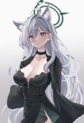 Rule 34 | 1girl, :o, ahoge, animal ear fluff, animal ears, black choker, black dress, black jacket, blue archive, breasts, choker, cleavage, collarbone, covered navel, cropped jacket, cross hair ornament, dress, extra ears, grey hair, hair ornament, halo, highres, jacket, long hair, long sleeves, looking at viewer, medium breasts, mintz912, shiroko terror (blue archive), simple background, slit pupils, solo, very long hair, white background, wolf ears
