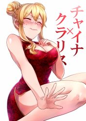Rule 34 | 1girl, bare arms, bare legs, bare shoulders, blonde hair, blush, braid, braided bun, breasts, china dress, chinese clothes, clarice (idolmaster), cleavage, closed eyes, closed mouth, double bun, dress, dutch angle, embarrassed, hair between eyes, hair bun, hand on own chest, highres, idolmaster, idolmaster cinderella girls, large breasts, namiko817, nervous, outstretched arm, reaching, red dress, side slit, sidelocks, simple background, sitting, solo, sweatdrop, thighs, wariza, white background