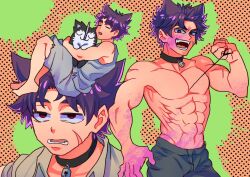 Rule 34 | 1boy, abs, animal ears, armpits, black pants, chainsaw man, collar, cosplay, cowboy shot, cseighteen, denji (chainsaw man), denji (chainsaw man) (cosplay), dog, dog ears, fangs, forked eyebrows, green outline, grey shorts, grey tank top, halftone, halftone background, lock, looking at viewer, male focus, multiple views, muscular, muscular male, navel, no nipples, open mouth, outline, pants, pectorals, pet, pochita (chainsaw man), pochita (chainsaw man) (cosplay), purple hair, red eyes, scar, scar on arm, scar on face, sharp teeth, shorts, sleeping, solo, tank top, teeth, topless male, yukimura yoichi