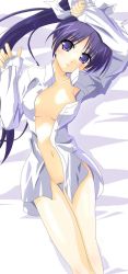 Rule 34 | 00s, 1girl, artist request, blush, breasts, dress shirt, highres, itou noemi, lying, no bra, no panties, on back, open clothes, open shirt, ponytail, purple eyes, purple hair, pussy, shirt, small breasts, solo, source request, uncensored, with you