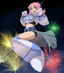 Rule 34 | 1girl, 2020, :d, adapted costume, android, bad id, bad pixiv id, blue eyes, blush, breasts, clenched hand, dark background, fireworks, full body, hair between eyes, headset, highres, hyoumaru, jumping, large breasts, mega man (series), mega man x: command mission, mega man x (series), midriff, multicolored hair, nana (mega man x: command mission), open mouth, pink hair, short hair, smile, solo, two-tone hair