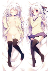 Rule 34 | 1girl, :d, animal ears, artist name, bare shoulders, bed sheet, beret, between legs, black bow, black thighhighs, blush, bottomless, bow, breasts, cardigan, closed eyes, collarbone, dakimakura (medium), dog ears, dog girl, dog tail, fang, fingernails, grey skirt, hair between eyes, hair bow, hand up, hands up, hat, head tilt, highres, long hair, long sleeves, looking at viewer, lying, multiple views, naked cardigan, no bra, no shoes, off shoulder, on back, on side, open cardigan, open clothes, open mouth, original, panties, parted lips, pinching sleeves, pleated skirt, polka dot, polka dot bow, red eyes, scarf, school uniform, serafuku, shiratama (shiratamaco), shiroi inu, silver hair, simple background, skirt, sleeves past wrists, small breasts, smile, striped clothes, striped scarf, tail, tail between legs, tail censor, thighhighs, underwear, unworn hat, unworn headwear, unworn scarf, very long hair, white background, white hat, white panties