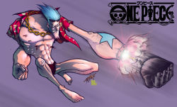 Rule 34 | 1boy, artist request, barefoot, blue hair, copyright name, cyborg, fighting stance, franky (one piece), full body, hawaiian shirt, male focus, male swimwear, one piece, red male swimwear, red swim briefs, shirt, solo, swim briefs, swimsuit, tattoo