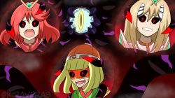 Rule 34 | alternate eye color, angry, arms (game), beanie, black sclera, blonde hair, colored sclera, corruption, crossover, dark persona, dharkon, glowing, glowing eyes, hal laboratory, hat, highres, kiravera8, long hair, looking at viewer, monolith soft, nintendo, open mouth, possessed, possession, red eyes, red hair, short hair, slit pupils, super smash bros., tentacles, veins, watermark, xeno (series), xenoblade chronicles (series), xenoblade chronicles 2