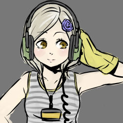 Rule 34 | 1girl, blush, breasts, brown eyes, ear protection, flower, gloves, hair flower, hair ornament, headset, metal gear (series), metal gear rising: revengeance, name tag, parted bangs, rountain, silver hair, simple background, solo, striped, sunny emmerich, swept bangs, tank top