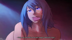 Rule 34 | 1girl, all fours, blue eyes, blue hair, box, breasts, cleavage, commentary, completely nude, english commentary, english text, fake screenshot, heart-shaped box, highres, long hair, messy hair, mouth hold, naughty face, nude, original, orihalchon, solo, subtitled, valentine, you gonna get raped