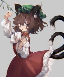 Rule 34 | 1girl, :o, animal ear fluff, animal ears, ayahi 4, blush, bow, bowtie, brown eyes, cat ears, cat girl, cat tail, chen, commentary, cowboy shot, dress, earrings, fang, from side, green hat, grey background, hat, highres, jewelry, juliet sleeves, long sleeves, looking at viewer, medium hair, mob cap, multiple tails, nail polish, open mouth, petticoat, puffy sleeves, red dress, red nails, shirt, single earring, solo, tail, touhou, two tails, white bow, white bowtie, white shirt