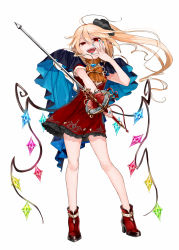 Rule 34 | 1girl, adapted costume, ascot, bad id, bad pixiv id, bare arms, bare legs, blonde hair, blue nails, boots, cape, contrapposto, dress, flandre scarlet, full body, gotou (nekocat), hair between eyes, hand up, head tilt, high heels, highres, holding, long hair, looking at viewer, nail polish, open mouth, pointy ears, rapier, red dress, red eyes, red footwear, short dress, simple background, smile, solo, standing, sword, teeth, touhou, weapon, white background, wings