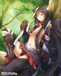 Rule 34 | 1girl, :c, animal ears, arm support, bandages, bell, black hair, breasts, cat ears, cat girl, cat tail, closed mouth, collar, detached sleeves, female focus, frown, hair censor, hinariaoba, long hair, midriff, navel, original, sitting, solo, tail, torn clothes, underboob, very long hair, yellow eyes