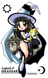 Rule 34 | 1girl, bands, black hair, blue eyes, blue eyeshadow, blue lips, blush, brown hair, cape, character request, chibi, commentary, covered eyes, crescent, detached sleeves, earrings, english text, eyeshadow, fuse kanako, hat, headband, jewelry, lowres, magic, makeup, ring, saga, simple background, star (symbol), sun symbol, white background, white footwear, white headwear, witch hat