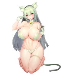 Rule 34 | 1girl, animal ear fluff, animal ears, areola slip, banshee (last origin), barefoot, bell, black headband, blush, bra, breasts, cat ears, cat girl, cat tail, collarbone, covered erect nipples, detached collar, fake animal ears, full body, fur-trimmed gloves, fur collar, fur trim, g-string, game cg, gloves, green bra, green gloves, green panties, groin, hair between eyes, headband, highres, huge breasts, jingle bell, large areolae, last origin, light green hair, linea alba, long hair, looking at viewer, micro panties, navel, neck bell, official alternate costume, official art, open mouth, panties, panties under panties, paw pose, red eyes, seiza, sitting, skindentation, snowball22, solo, strapless, strapless bra, tachi-e, tail, thigh gap, thigh strap, thighs, thong, transparent background, underwear