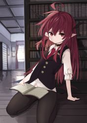 Rule 34 | 1girl, ahoge, akimaki yuu, bad id, bad twitter id, black collar, black pantyhose, black vest, black wings, book, bookshelf, buttons, collar, commentary request, curtains, demon wings, expressionless, head wings, highres, indoors, koakuma, long hair, looking at viewer, low wings, midriff peek, necktie, no shoes, on floor, pantyhose, pointy ears, red eyes, red hair, red necktie, reflection, shirt, sitting, solo, touhou, vest, wariza, white shirt, window, wing collar, wings, wooden floor