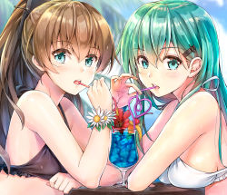 Rule 34 | 10s, 2girls, :o, alternate costume, aqua eyes, aqua hair, arm rest, bare arms, bare shoulders, beach, bikini, bikini top only, black bikini, blush, breast rest, breasts, breasts on table, brown hair, cherry, clenched hand, cocktail, crazy straw, cup, day, drink, drinking, drinking glass, drinking straw, fingernails, flower, food, frilled bikini, frilled swimsuit, frills, from side, fruit, hair between eyes, hair ornament, hairclip, heart, heart straw, hibiscus, kantai collection, koyuki (kotatsu358), kumano (kancolle), large breasts, lips, long hair, looking at viewer, multiple girls, neck, open mouth, outdoors, palm tree, ponytail, red flower, round teeth, shared drink, sideboob, small breasts, suzuya (kancolle), swimsuit, table, teeth, tree, upper body, white bikini, white flower, wrist cuffs, yuri