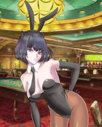 Rule 34 | 1girl, bare shoulders, black clover, black hair, black leotard, black necktie, breasts, casino, closed mouth, facing viewer, gloves, guolfeich, horns, large breasts, leaning forward, leotard, looking at viewer, necktie, pantyhose, playboy bunny, rabbit, rabbit ears, secre swallowtail, short hair, standing, strapless, strapless leotard, tagme