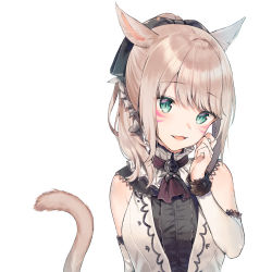 Rule 34 | 1girl, :d, animal ear fluff, animal ears, warrior of light (ff14), bad id, bad twitter id, bare shoulders, black bow, blush, bow, brown hair, cat ears, cat girl, cat tail, center frills, detached sleeves, dress, facial mark, fictional persona, final fantasy, final fantasy xiv, frills, green eyes, hair bow, hand up, long hair, long sleeves, midorikawa you, miqo&#039;te, open mouth, ponytail, simple background, smile, solo, tail, tail raised, upper body, whisker markings, white background, white dress, white sleeves
