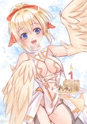 Rule 34 | 1girl, 1other, absurdres, bare shoulders, birthday cake, blonde hair, blue eyes, blumairwen, breasts, cake, candle, center opening, commentary, english commentary, feathered wings, feathers, fire, fire, food, garter straps, hair between eyes, hair ribbon, harpy, highres, indie virtual youtuber, leotard, mavia (vtuber), medium breasts, monster girl, navel, open mouth, ribbon, skirt, sleeveless, solo focus, virtual youtuber, white leotard, white skirt, winged arms, wings, yellow feathers, yellow wings