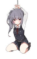 Rule 34 | 10s, 1girl, angry, arms up, bdsm, black socks, blush, bondage, bound, bound wrists, brown eyes, buttons, clenched teeth, clothes between thighs, cuffs, dress, full body, grey hair, highres, kantai collection, kasumi (kancolle), kasumi kai ni (kancolle), kneehighs, long hair, long sleeves, looking at viewer, miniskirt, mitsudoue, pinafore dress, red ribbon, ribbon, school uniform, shackles, shirt, side ponytail, sitting, skirt, sleeveless, sleeveless dress, socks, solo, teeth, white shirt