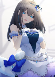 Rule 34 | 1girl, absurdres, armband, black hair, blurry, blurry background, blush, breasts, choker, clock, dress, frilled armband, frilled choker, frills, gloves, hands on own chest, head tilt, highres, idolmaster, idolmaster cinderella girls, jewelry, large breasts, long hair, looking at viewer, megurumiru, necklace, pearl necklace, sagisawa fumika, smile, solo, starry sky bright (idolmaster), strapless, strapless dress, tiara, white gloves, wrist cuffs
