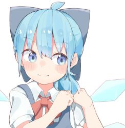 Rule 34 | 1girl, adjusting hair, ahoge, alternate hairstyle, blue bow, blue dress, blue eyes, blue hair, blush, bow, bowtie, cirno, closed mouth, dress, hair between eyes, hair bow, hair over shoulder, ice, ice wings, kae karee, looking to the side, medium hair, pinafore dress, red bow, red bowtie, shirt, short sleeves, simple background, sleeveless dress, smile, solo, touhou, upper body, white background, wing collar, wings