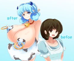 Rule 34 | 2girls, animal print, bad id, bad pixiv id, bare shoulders, before and after, bell, blue eyes, blue hair, breasts, brown eyes, brown hair, collar, covered erect nipples, cow girl, cow horns, cow print, cowbell, english text, engrish text, female focus, gigantic breasts, gradient background, heart pasties, highres, horns, huge breasts, jyuppon dako, looking at viewer, multiple girls, neck bell, nipple piercing, open mouth, original, pasties, piercing, piercing through clothes, puffy nipples, ranguage, smile, standing, upper body