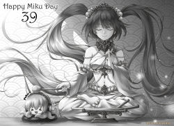 Rule 34 | &gt; &lt;, 39, artist name, bad id, bad pixiv id, character name, closed eyes, detached sleeves, greyscale, hatsune miku, headphones, indian style, jewelry, lioreo, long hair, megurine luka, monochrome, navel, necklace, seigaiha, sitting, spring onion, takoluka, twintails, very long hair, vocaloid