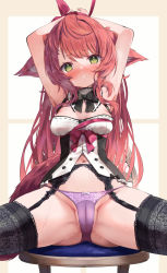 Rule 34 | absurdres, animal ear fluff, animal ears, armpits, arms up, ass, black thighhighs, blouse, blush, bound, bound wrists, bow, bow panties, breasts, brown hair, cameltoe, chair, character request, cleavage, copyright request, fox ears, garter belt, garter straps, green eyes, highres, long hair, looking at viewer, navel, nyahu (nyahu 77), panties, pink panties, ribbon, shirt, sitting, sleeveless, sleeveless shirt, sweat, thighhighs, thighs, underwear, white shirt
